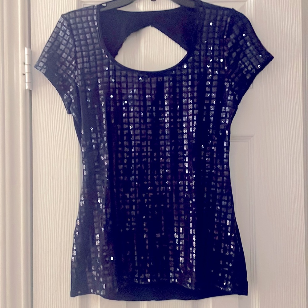 Women Navy Blue Sequin Short sleeve Open Back Top